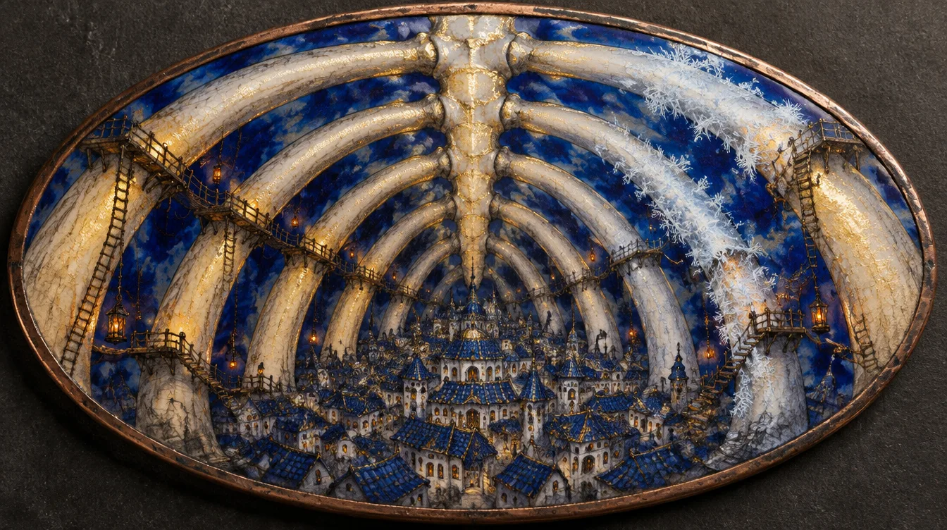 Pelat enamel dari dalam rongga dada naga: tujuh rusuk putih melengkung, tangga tali dan titian, embun beku di rusuk keenam, kota beratap rapat di bawah