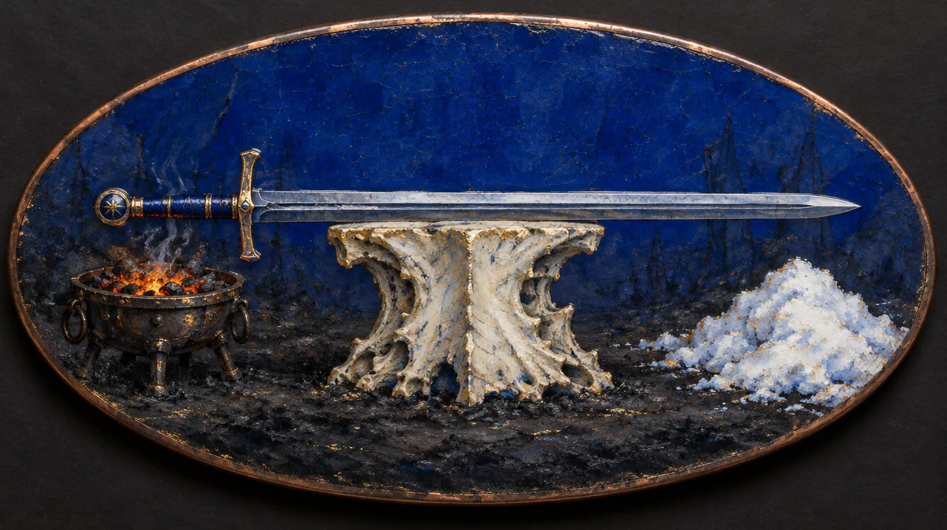 Pelat enamel: pedang lebar dingin melintang di atas balok tulang naga, anglo arang di kiri, gundukan salju di kanan
